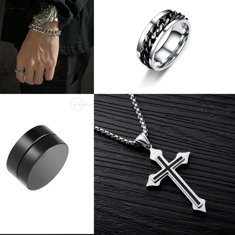 ( Fancy_vn ) bộ 4 sản phẩm Dây chuyền chử thập thép titan phối lắc tay và nhẫn xích xoay không gỉ kèm khuyên tai kẹp tròn đen cá tính dành cho nam Nữ Vòng Watch Women nami  space