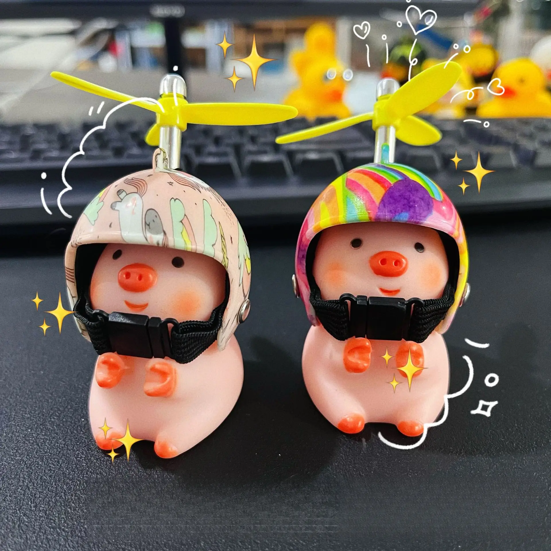 Electric Car Pig Decorations Wearing Helmet Cute Pig Car Decoration Motorcycle Bicycle Breaking Wind Duck with Bamboo Dragonfly Doll Motorcycle Supplies
