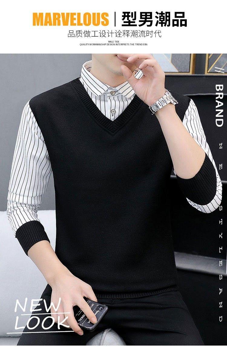 Product Introduction of Not Fleece-lined/Fleece-lined Autumn and Winter Men's Youth Top Sweater Warm Thickened Sweater Fake Two Pieces Shirts Men 1