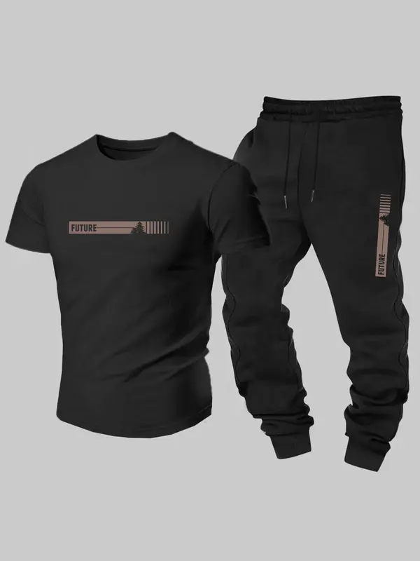 Men's Letter Print Tee & Pants Two-piece Set, Regular Fit Casual Short Sleeve T-shirt & Jogger Pants, Men's Two-piece Outfits for Spring & Fall 6