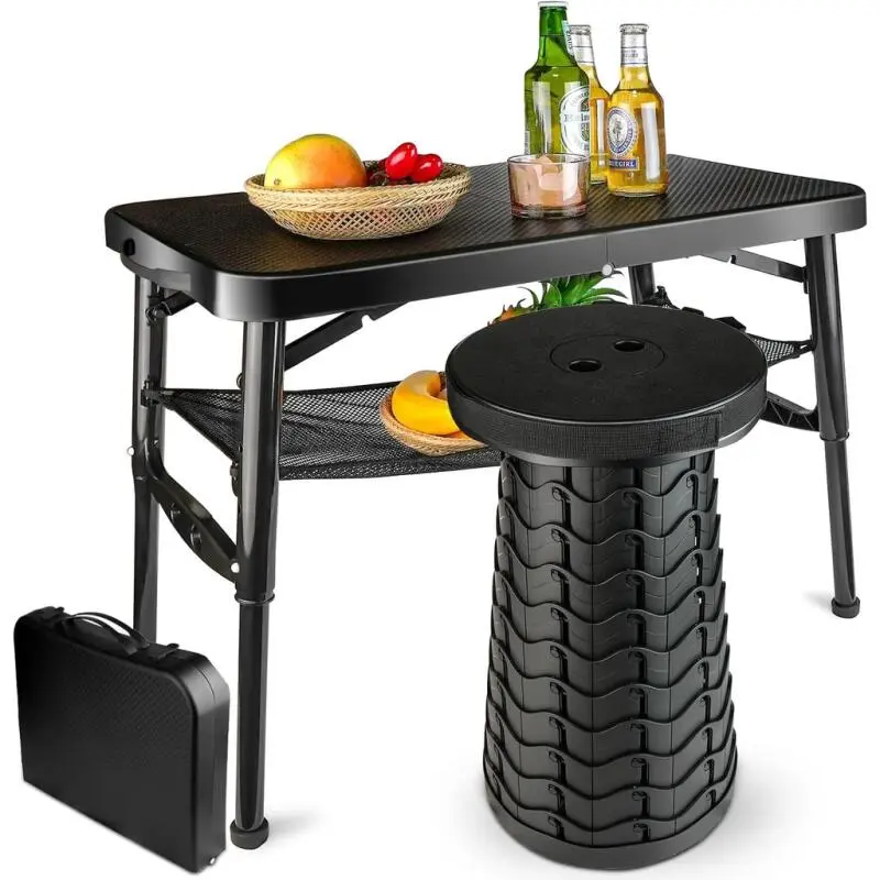 Portable Folding Table and Stool Set - Lightweight Foldable Table & Collapsible Stool for Camping Picnic Beach Fishing - Sturdy Small Outdoor Table with Mesh Layer Storage