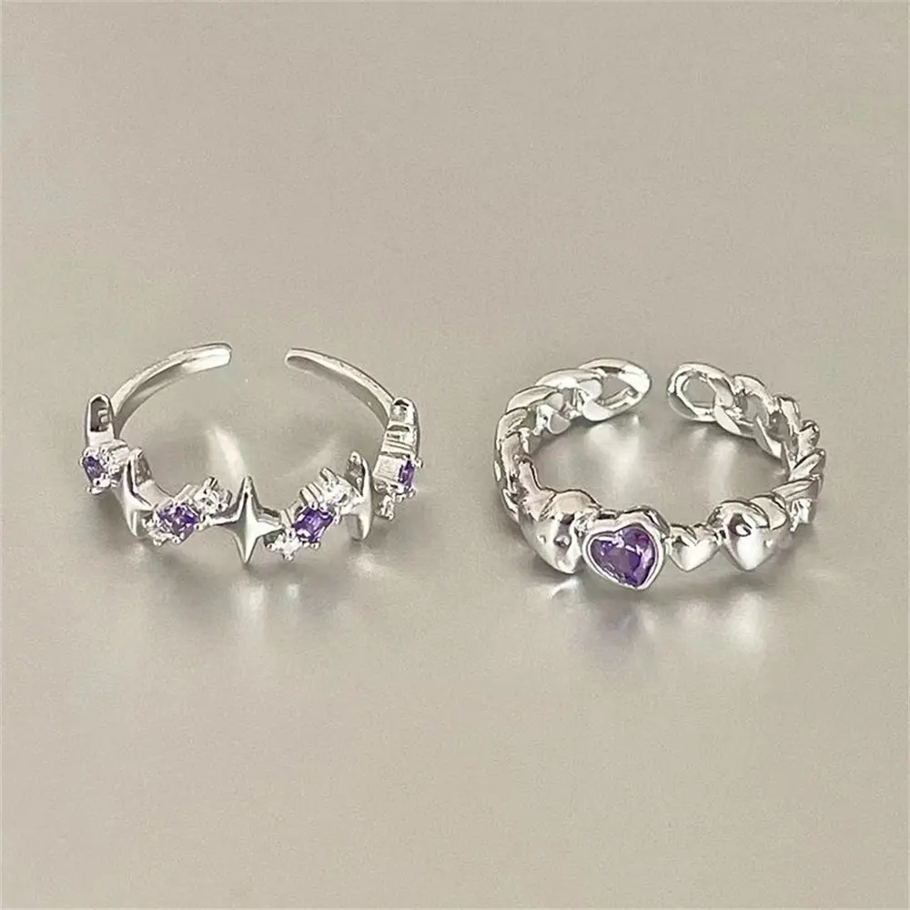 Nhẫn Ngôi Sao, Màu Tím Sáng Bóng, Nhẫn Kim Cương Giả Pha Lê, Bộ 2 Chiếc, Có Thể Điều Chỉnh, Phong Cách Y2K, Nhẫn Ngón Tay Bất Đối Xứng