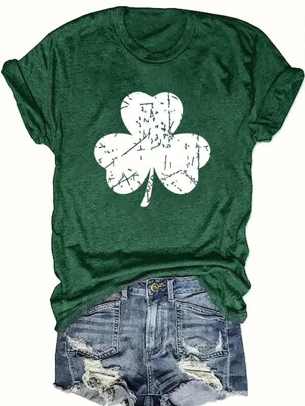 Women's Clover Print Round Neck Tee, Fashion Casual Crew Neck T-Shirt for Daily Holiday Vacation Outdoor Wear, Ladies Clothes for Summer 0