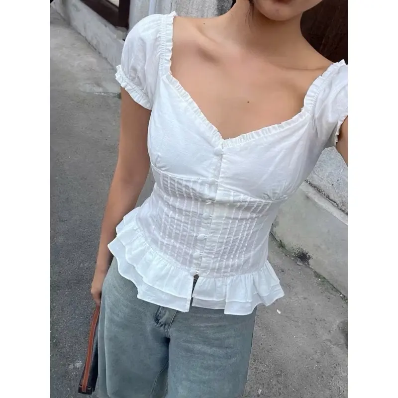 Áo Linen Cổ Tim Nút Bọc Nữ Women Top