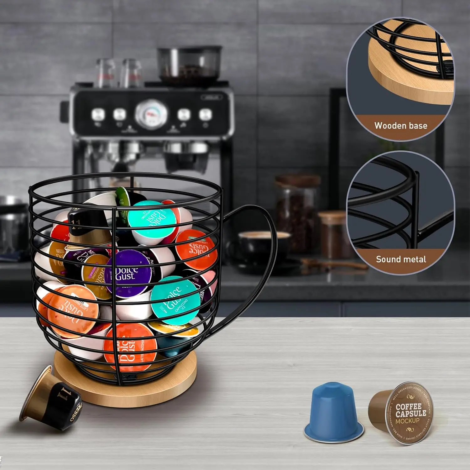 Coffee Pod Holder, 1 Count Coffee Pod Storage Rack with Wooden Base, Large Capacity Coffee Capsules Storage Organizer, Home Organizer for Kitchen
