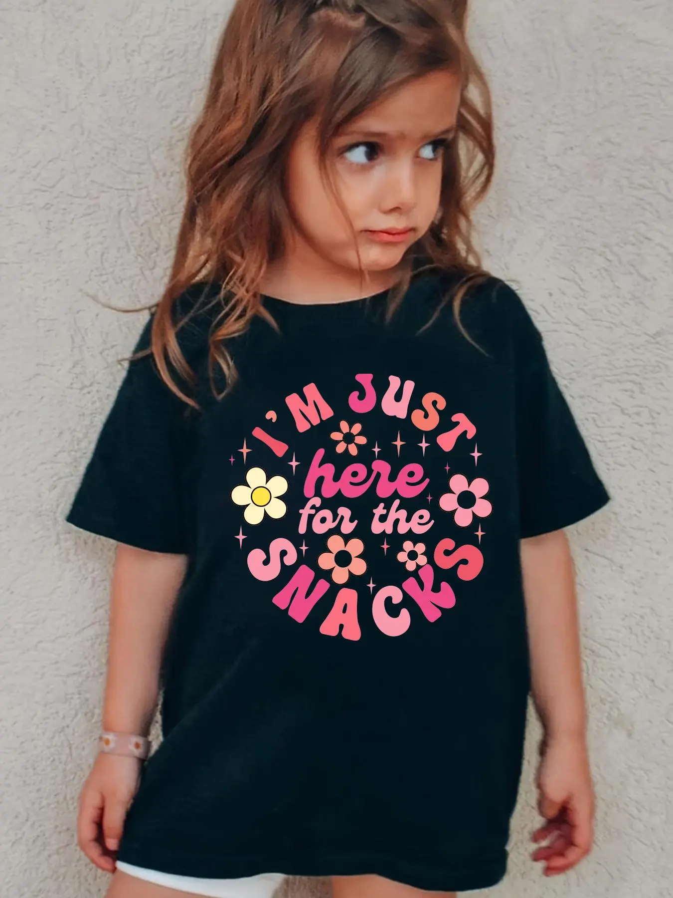 Toddler Girl's "I'M JUST HERE FOR THE SNACKS" Letter & Floral Print Round Neck Tee, Fashion Casual Short Sleeve T-shirt for Daily Outdoor Wear, Girlythings, Kids Clothing for Summer
