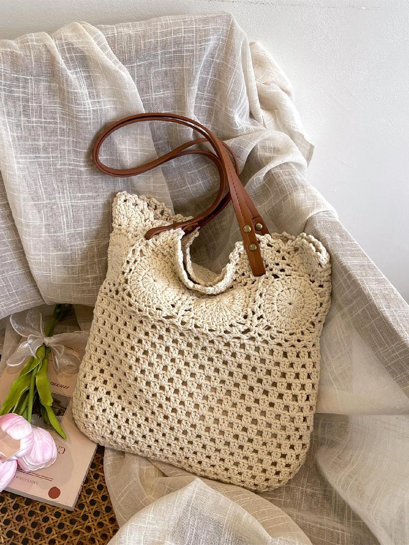 Product Introduction of Women's Solid Color Straw Tote Bag, Fashionable Large Capacity Shoulder Bag for Daily Used, Casual Trendy Versatile High-quality Daily Commuting Bag 4
