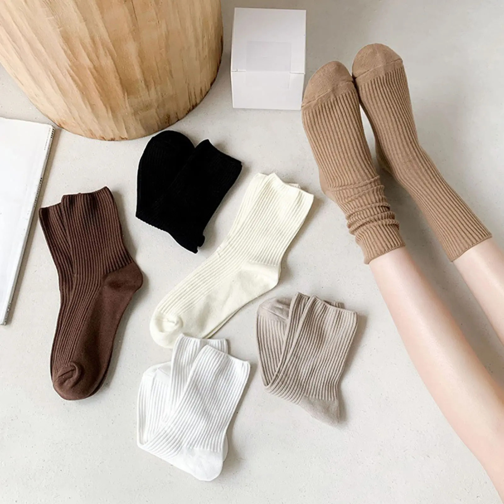 Tất Nữ Đàn Hồi, Ống Giữa, Phong Cách Thường Ngày Màu Trơn Có Gân, Thích Hợp Cho Thể Thao, 1 Đôi