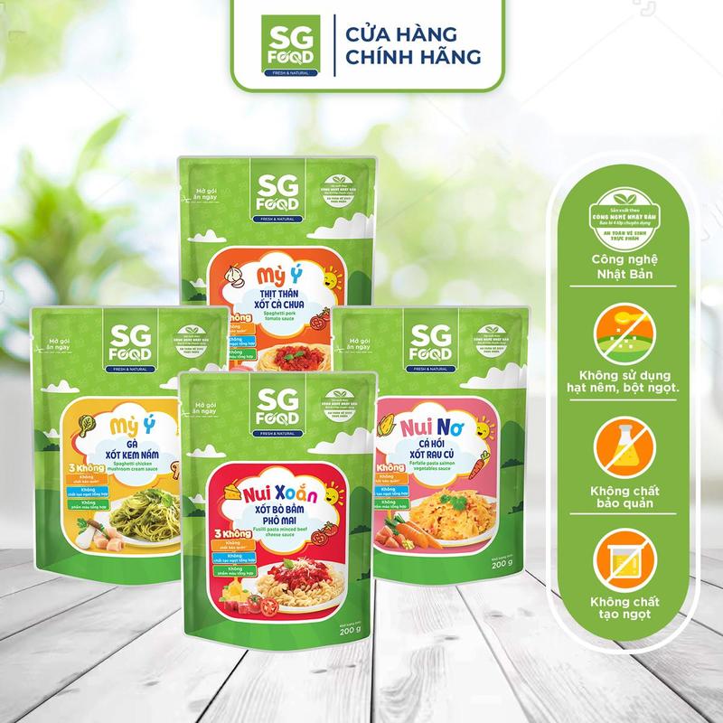 Combo 4 Nui Mỳ Baby SG FOOD 4 loại Nui Xoắn Xốt Bò Bằm Phô Mai Nui Nơ Cá Hồi Xốt Rau Củ Mỳ Ý Thịt Thăn Xốt Cà Chua Mỳ Ý Gà Xốt Kem Nấm gói 200g