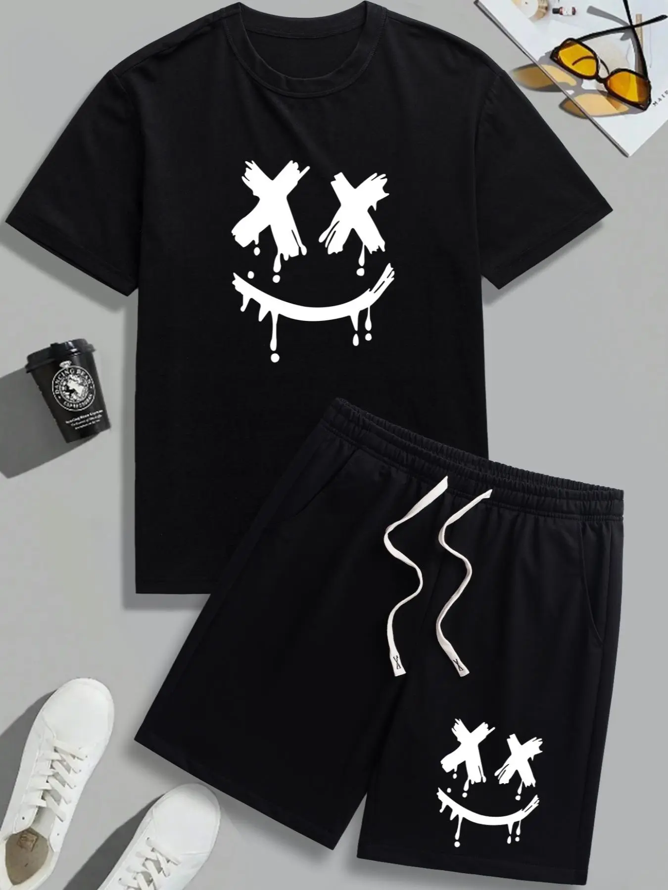 Two-Piece Set Men's Letter Print Tee & Shorts, Regular Fit Round Neck Short Sleeve T-Shirt & Track Shorts, Casual Summer Clothes Set for Outdoor