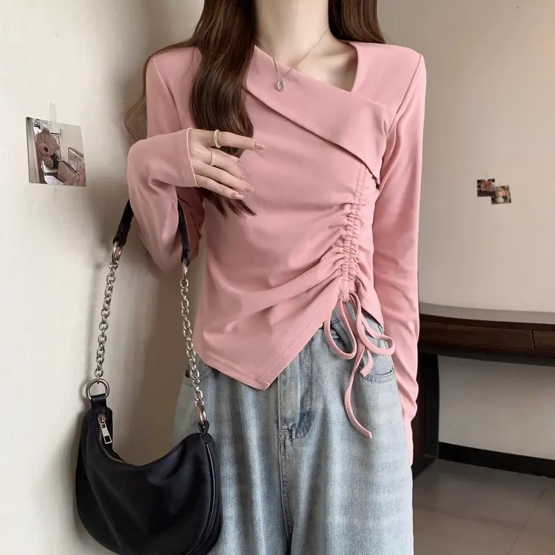 Áo Thun Dài Tay Thiết Kế Mùa Xuân Ngoại Cỡ Phong Cách Sang Trọng Bất Đối Xứng Dành Cho Nữ, Với Lớp Nền Dây Rút, Thích Hợp Cho Cô Gái Đầy Đặn, Áo Dễ Phối Đồ 1