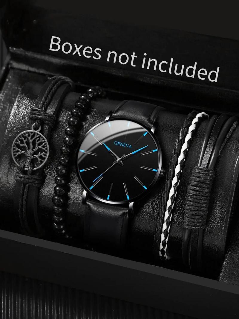 Product Introduction of Buckle Round Dial Analog Quartz Watch & Drawstring Beaded Bracelet Without Box, 2024 Fashion Trendy Style Wristwatch & Matching Bracelets Set for Men, Gift for Boys 5