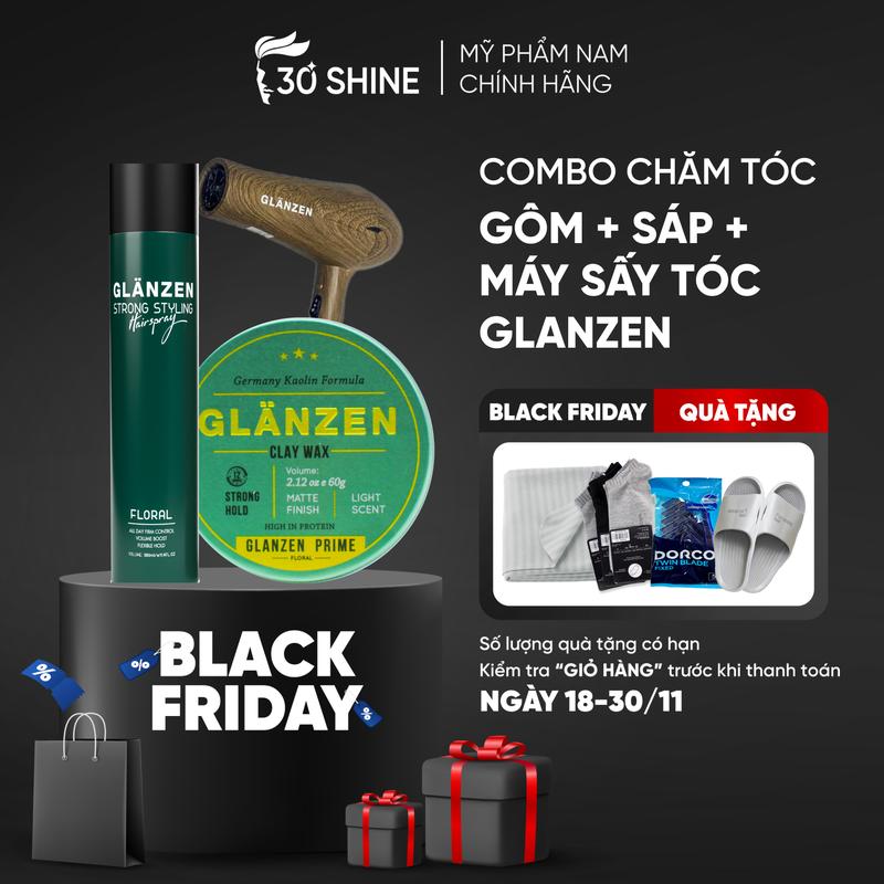 Combo Tóc đẹp thơm lâu sáp Glanzen Floral và Gôm Glanzen Floral Giữ nếp lâu Lưu hương sâu và Máy Sấy Vân Gỗ Glanzen 30shine phân phối chính hãng Chăm Sóc Tóc