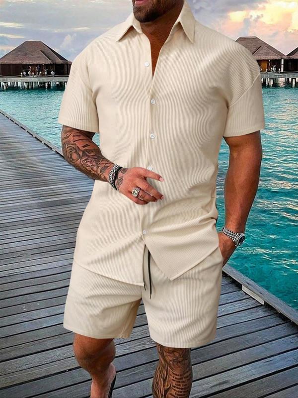 Men's Solid Short Sleeve Polo Shirt & Shorts Jacquard Knits Set, Regular Fit Casual Comfy Button Front Top & Shorts for Summer, Men's Clothes for Beach Vacation 4