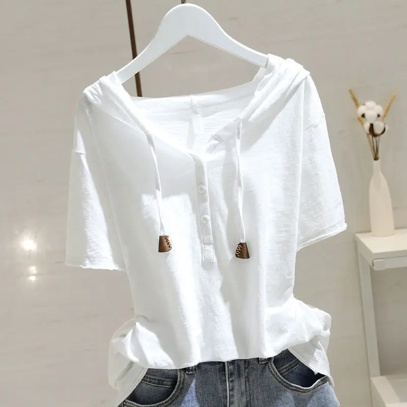 Áo Thun Cotton Ngắn Tay Có Mũ Trùm Đầu, Ưu Đãi Đặc Biệt Mới, Dành Cho Nữ, Dáng Rộng Vừa Vặn, Áo Chui Đầu Dễ Phối Đồ, Phong Cách Hàn Quốc, Thích Hợp Cho Mùa Xuân Và Mùa Hè 2024