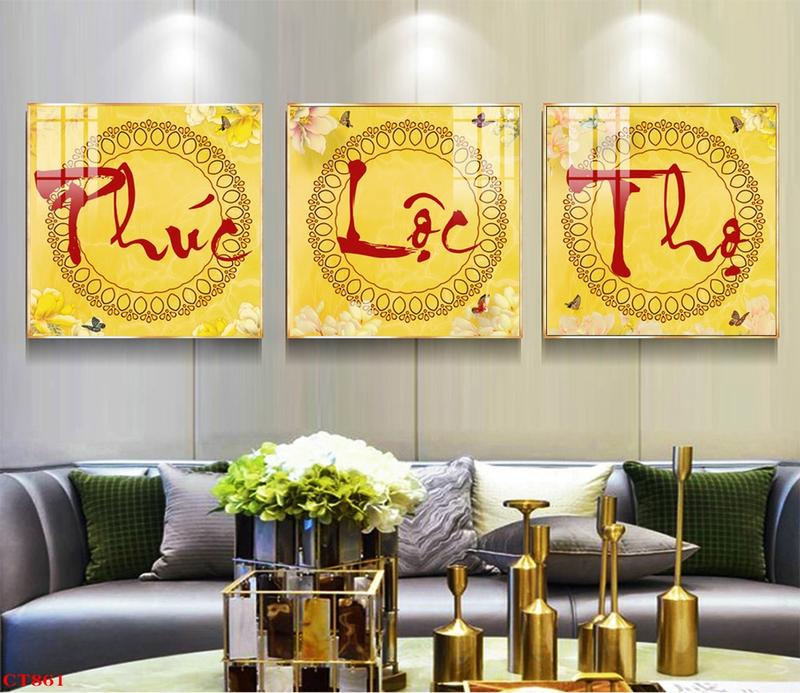Tranh Phúc Lộc Thọ, bộ 3 tấm mẫu 02, chất liệu in gỗ tráng gương bọc viền cao cấp
