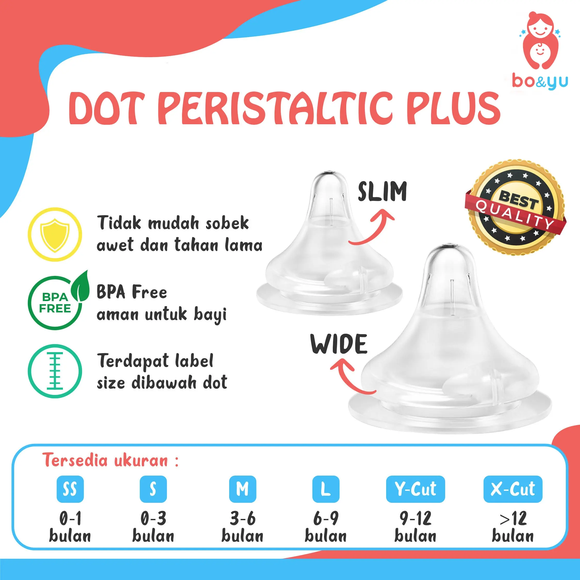 Dot Wide Neck / Dot Slim Neck / Nipple Peristaltic Plus / Pacifier Botol Susu / Empeng Bayi Untuk Tipe Bottle Wide dan Slim Bisa Untuk Huki dan Baby Safe dan Pigeon Bo&yu / Bonyu