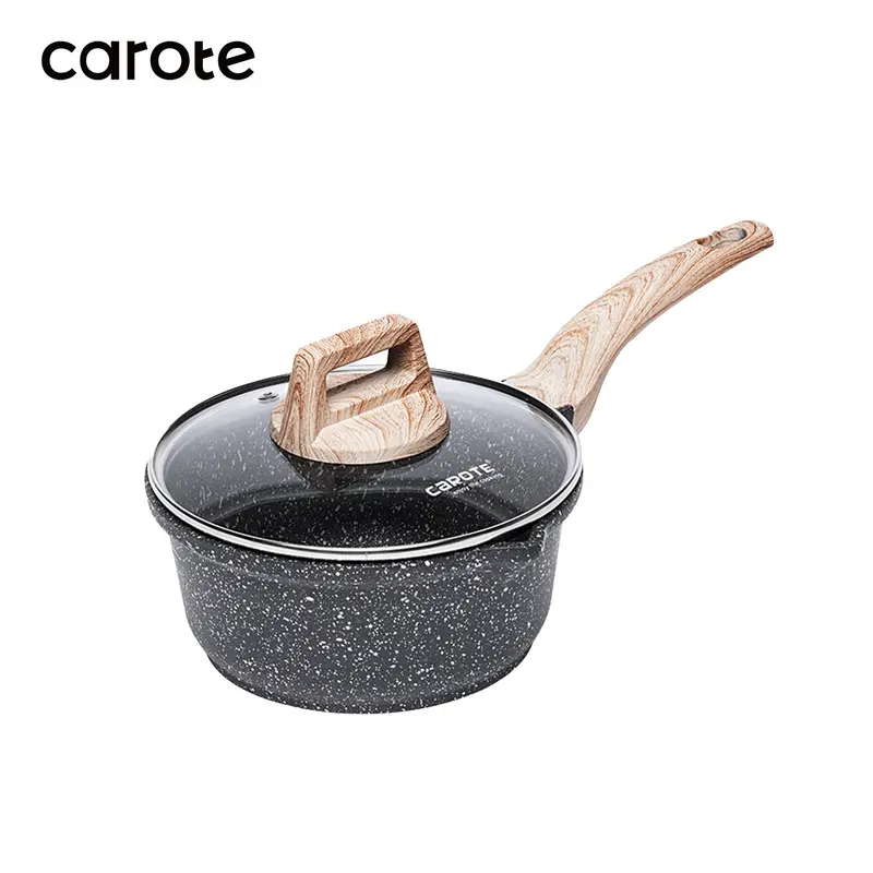 CAROTE Panci Susu Satuan 16/18/20cm Lapisan Granit Anti Lengket Dilengkapi Dengan Tutup Kaca Cocok Untuk Semua Jenis Kompor Mudah Dibersihkan Free PFOA Essential Woody Hitam 5