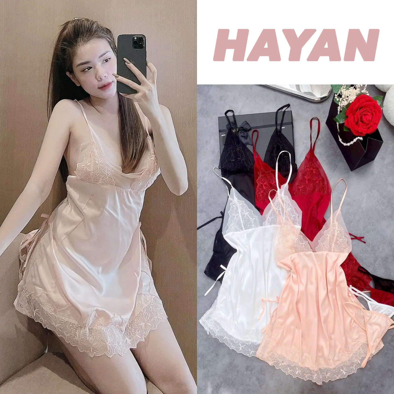 HT6 Váy ngủ sexy lụa xẻ hông phối ren gợi cảm, Đầm ngủ lụa gợi cảm, Đồ ngủ 2 dây HT6