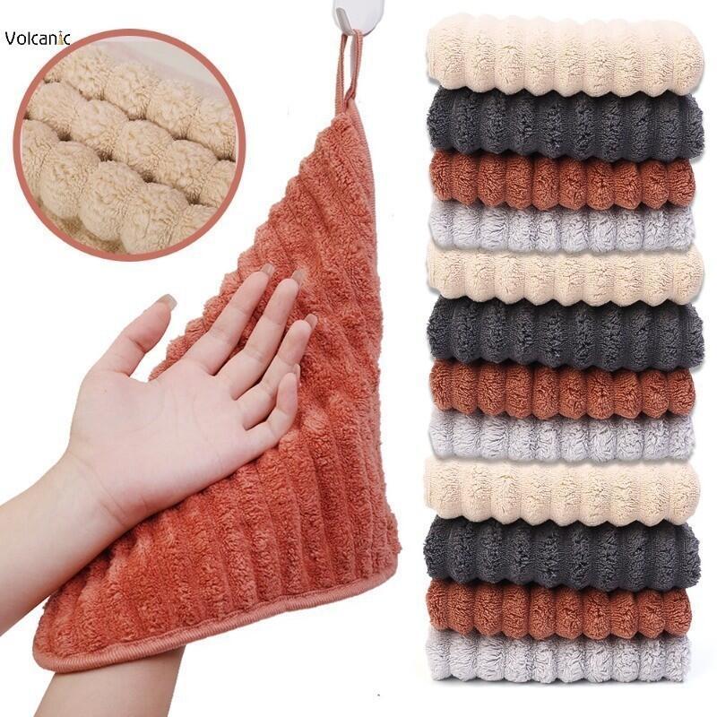 Product Introduction of Super Absorbent Stripe Hanging Hand Towel Soft Coral Veet Home Kitchen Cleaning Dishcloth Practical Bathroom Supplies 0
