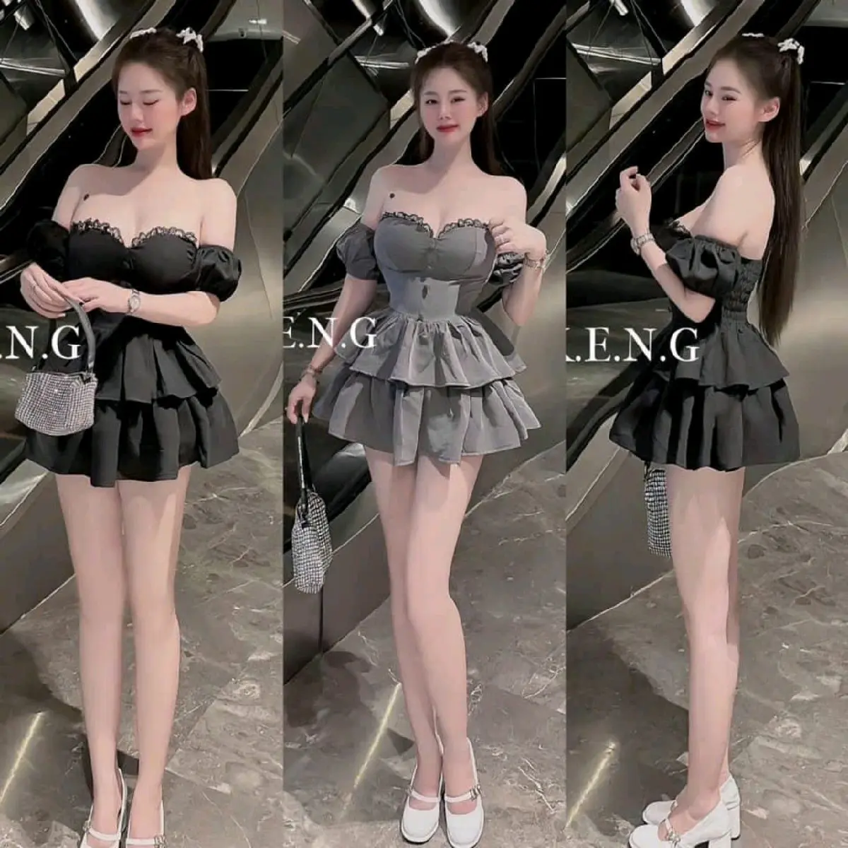 SÉT ĐẦM CÚP TAY PHỒNG VÁY XÒE PHỐI REN NGỰC
