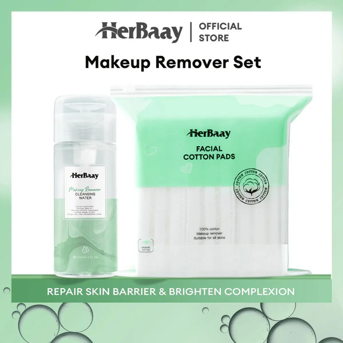 【BUY ONE GET ONE】HerBaay 5 Seconds Cleansing Brightening Micellar Cleansing Water Makeup Remover Mata Tanpa Membuat Iritasi Moisturizing hydrating Deep Cleaning 145 ml