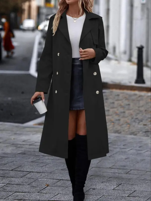 Women's Solid Color Belted Trench Coat, Casual Long Sleeve Coat for Fall & Winter, Women's Clothing for Daily Wear 3
