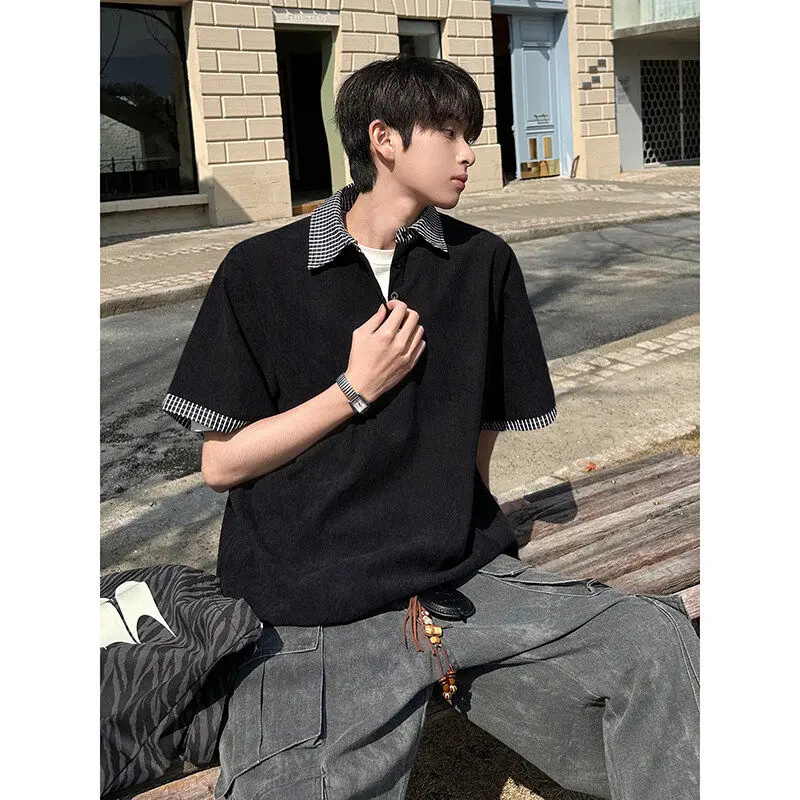 Áo Thun Nam, Màu Đen, Phong Cách Preppy Thiết Kế Khối Màu, Cổ Polo, Phong Cách Cổ Điển Mỹ, Cổ Áo bẻ xuống, ngắn Tay, Áo Thun Hàng Đầu