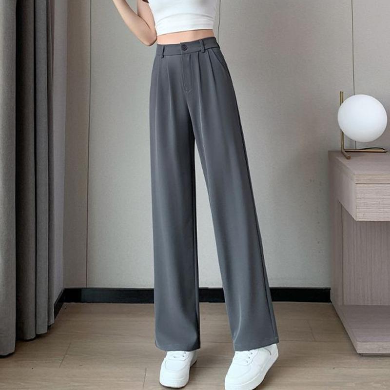 Women Suit Pants with Side Pockets High Waist Solid Color Wide Leg Commuter Pants Button Zipper Closure Loose Full Length Pants for Daily Wear Travel 4