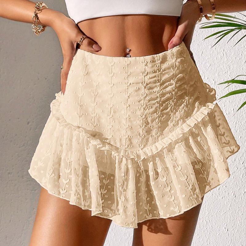 TikTok Shop Women Sexy Lace Mini Skirt Summer Eyelet Embroidery High Waist Ruffled Mesh Hem A Line Skirt Streetwear