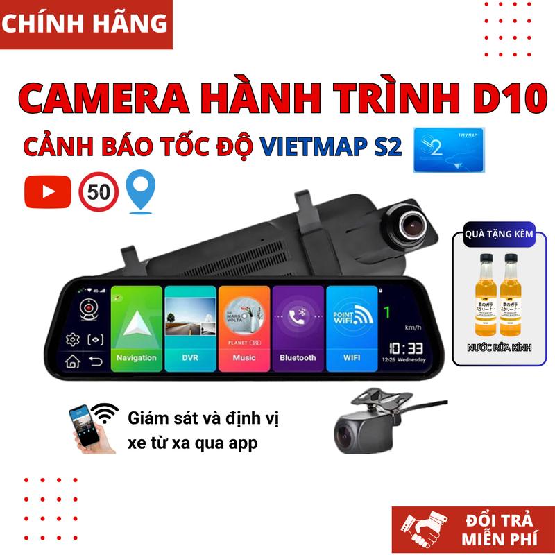 Camera hành trình ô tô D10 độ phân giải trước sau full HD có bản đồ Vietmap S2, cảnh báo tốc độ, định vị GPS, lắp sim 4G