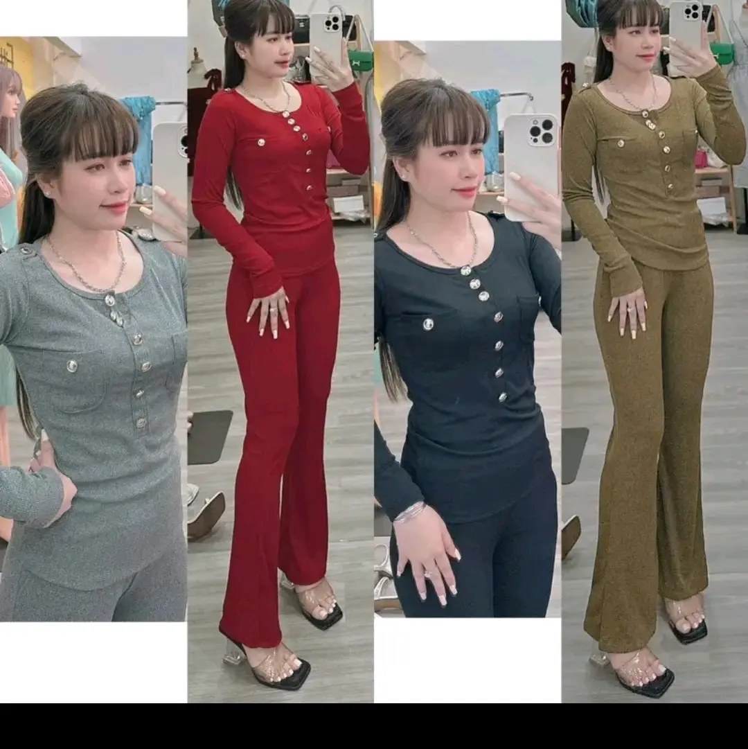 ĐỒ BỘ NỮ TD NHIỀU NÚT QUẦN ỐNG LOE có túi chất vải gân tâm dưới 65kg đỗ lại vừa