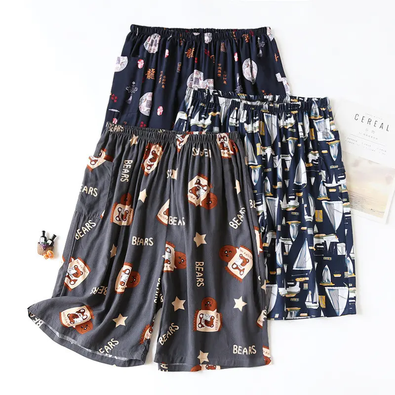 Summer Men's Artificial Cotton Silk Pajama Pants Can Wear Outside Thin Large Size Loose Shorts Five Points Beach Pants Casual Home
