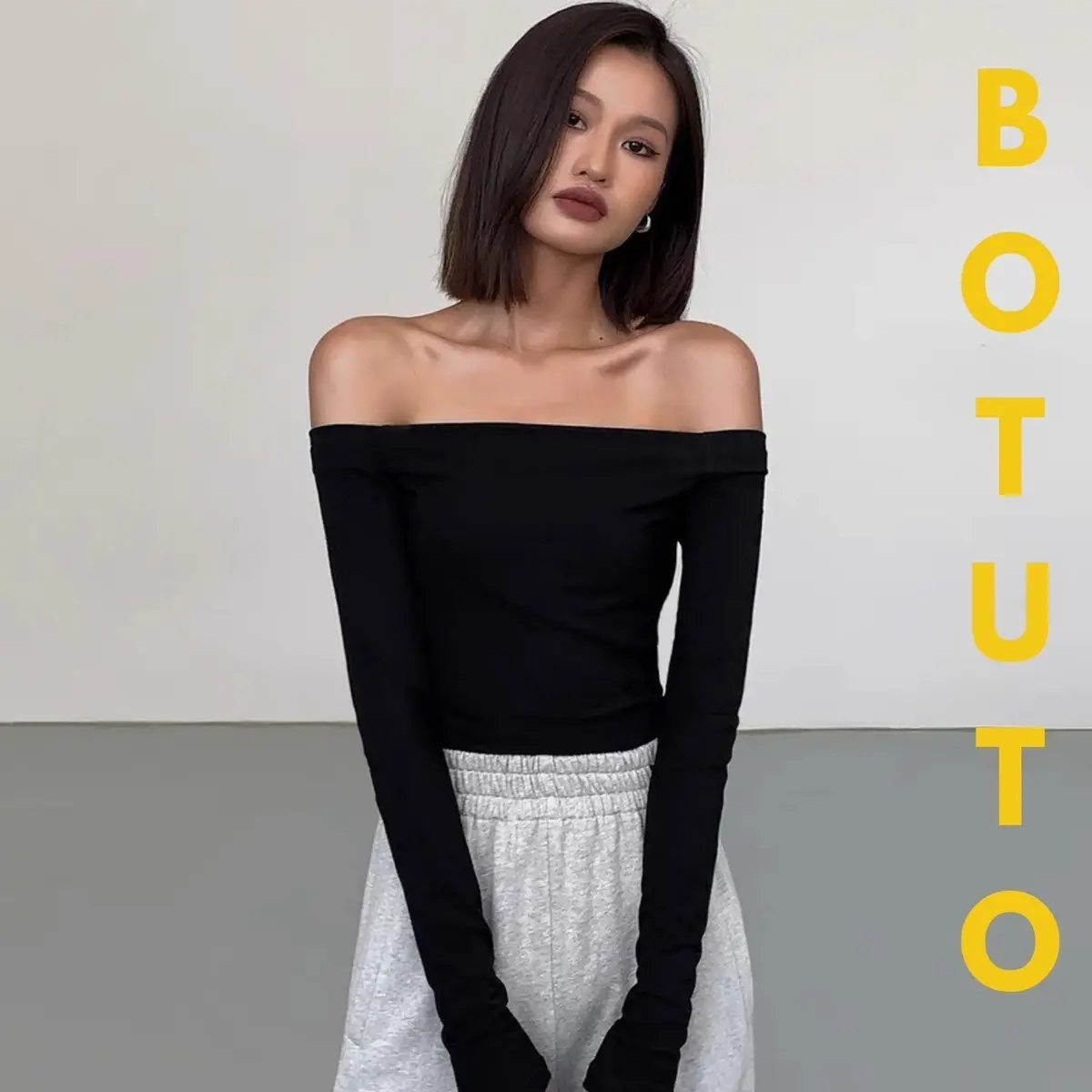 BOTUTO-Áo Thun Nữ Trễ Vai Tay Dài Dáng Ôm Chất Borip Dày Dặn