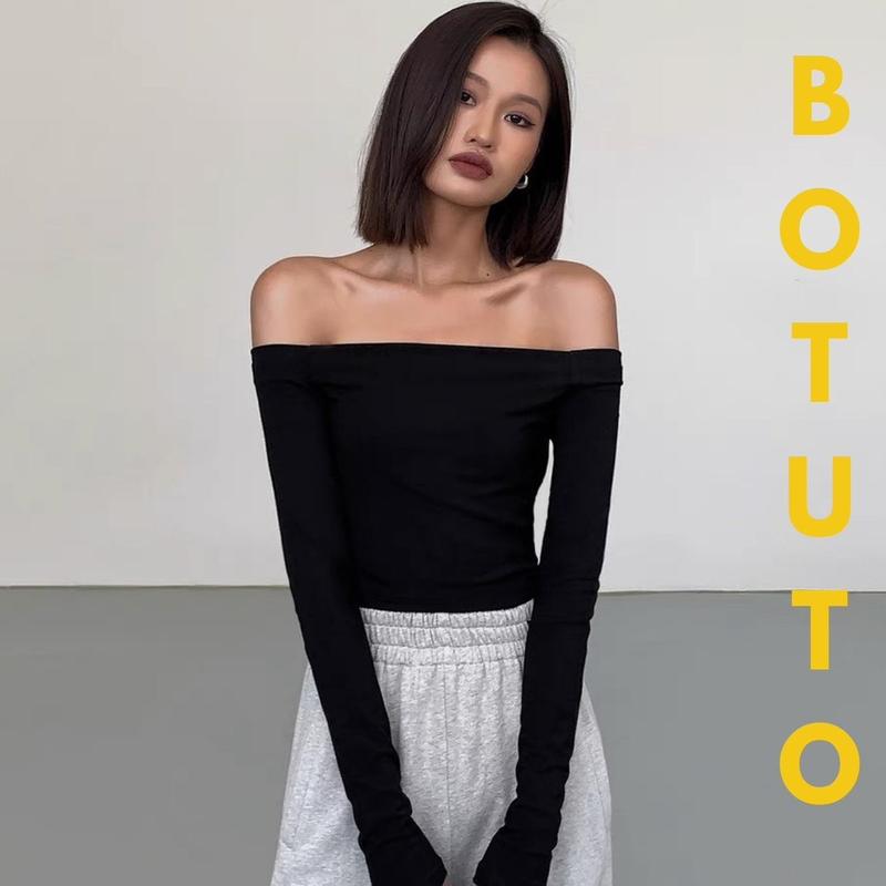 BOTUTO-Áo Thun Nữ Trễ Vai Tay Dài Dáng Ôm Chất Borip Dày Dặn - TikTok ...