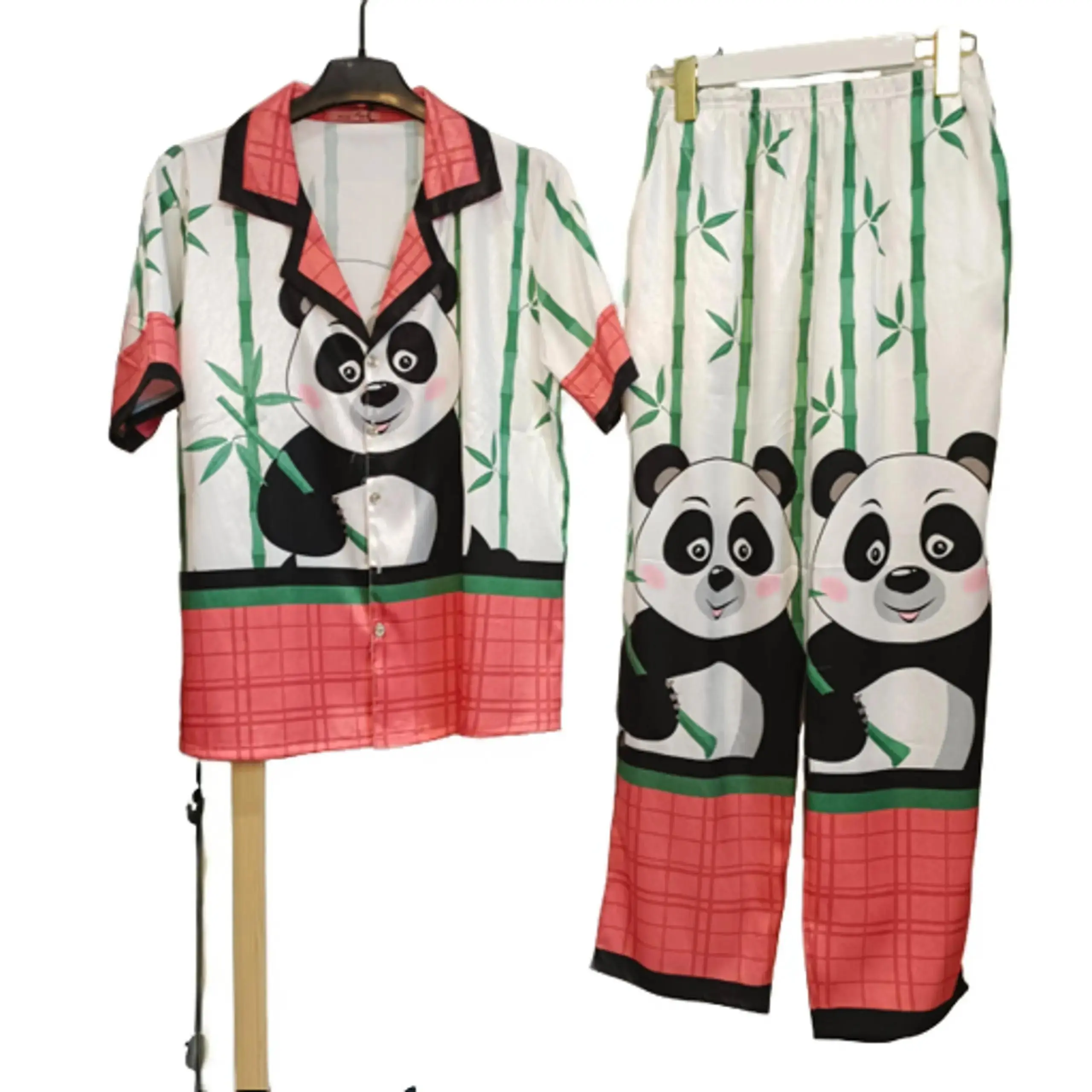 Size 40-60 Kí Đồ Bộ Mặc Nhà Dành Cho Nữ Vải Lụa Xước Mềm Mát Hình Gấu Trúc Tay Dài / Tay Ngắn