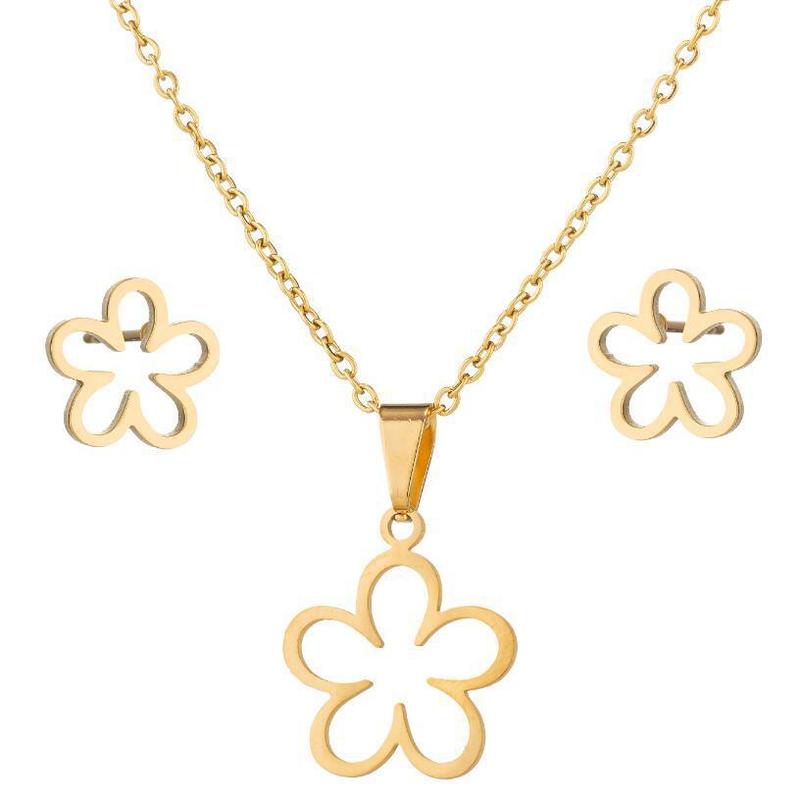 Product Introduction of Ins Style New 18K Gold Plated Stainless Steel Hollow Flower Earrings Korean and Japanese Niche Pendant Necklace Two-Piece Set 6