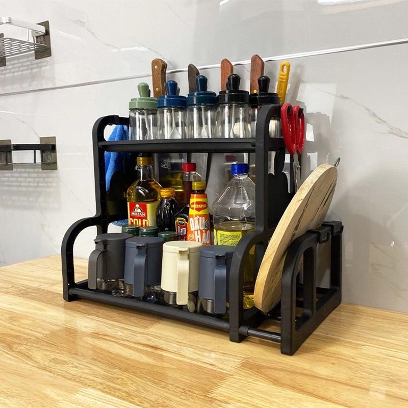 Kệ Đựng Gia Vị 2 Tầng Nhà Bếp Chữ B Lắp Ráp Có Móc Treo Khe Cắm Dao, Ống Đựng Đũa VÀ Ngăn Để Thớt Nhựa PP