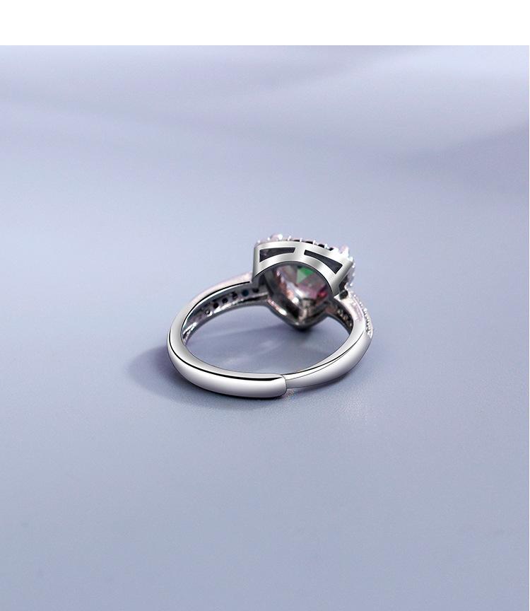 Product Introduction of New Colorful Diamond Ring for Women Fashionable Elegant Open Ring European and American Light Luxury Style AB Color Triangle Zircon Ring 9
