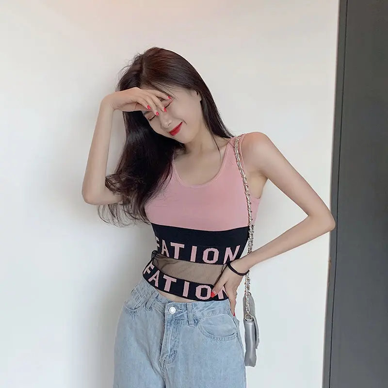Áo Yếm Dệt Kim, Cropped Xén, Có Khâu Lưới Và Chữ Cái, Dễ Phối Đồ Ngắn, Dành Cho Nữ, Có Thể Mặc Ngoài Trời, Bó Sát, Áo Không Tay Tập Thể Dục, Thích Hợp Cho Mùa Hè Top Women Màu Đen áo  2  dây  hello  kitty  ôm 8