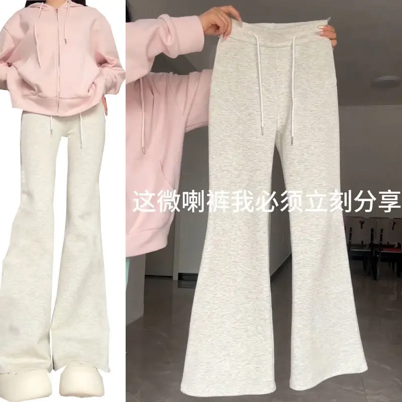 Quần Dài Ống Loe, Phong Cách Cổ Điển Mỹ, Màu Xám Nhạt, Dành Cho Nữ, Cạp Cao, Bó Sát, Ôm Vừa Vặn, Phong Cách Lười Biếng, Thường Ngày, Thích Hợp Cho Thể Thao, Xu Hướng Nóng Bỏng, 2024, Hàng Mới Về