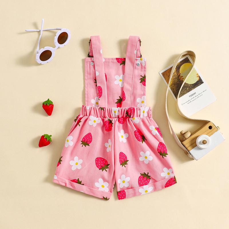 Product Introduction of Pink/ White Toddler Kid Little Girl Denim Overalls Flower/Strawberry Print Jeans Overalls Strap Suspender Shorts Outfit 6 12 18 24 Months 2-6 Years Old Kid 52