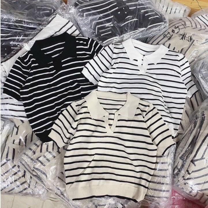 Áo len mongtoghi kẻ ngang có cổ bẻ Sọc Kẻ Voi Nữ.