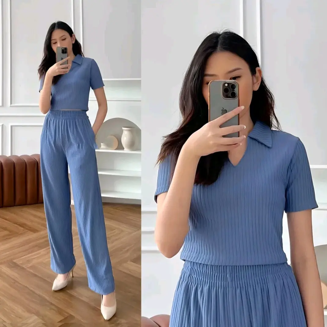 Rib knit luna hornet set crop top celana panjang kualitas import setelan wanita kekinian oneset baru Fit Karet Salur Tebal Atasan Stretch Baju Putih Mini