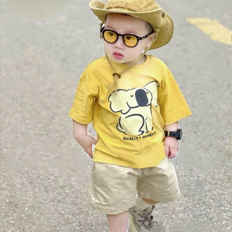 [kho sỉ mẹ gạo] Bộ quần và áo Hè Bé Trai Chú Voi Dễ Thương, Áo Màu Vàng Tươi chất Coton và Quần màu nâu chất mềm cho bé trai, Size 10-30kg Cotton Vải Cotton Jean