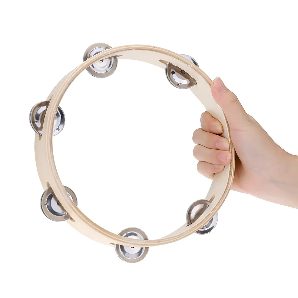 Kids 8" Hand Held Wood Headless Tambourine Bell with Metal Single Row Jingles and Wood Quality Children Educational Musical Percussion Toy for Party Dancing Games
