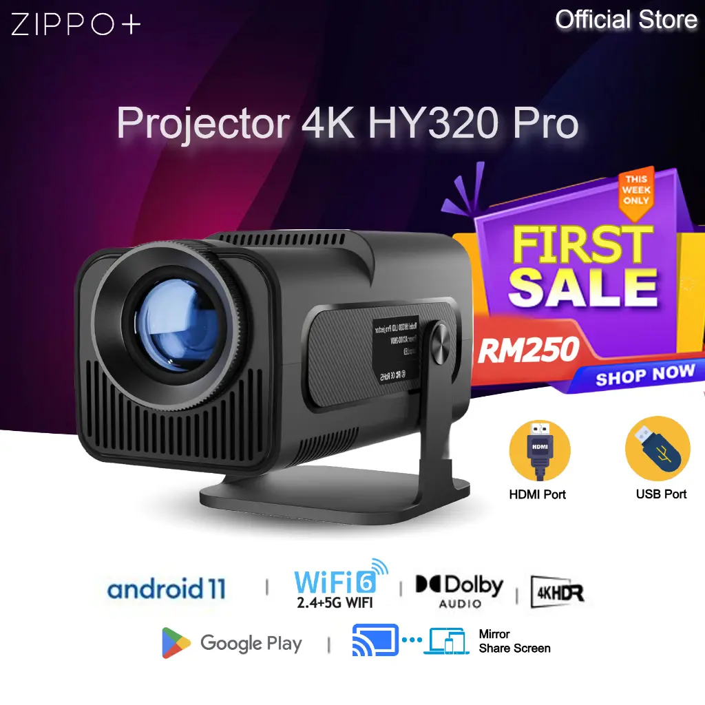 Máy Chiếu thông minh, NEW HY320 PRO, Led Cầm Tay 4K, Tương thích với TV, Máy tính xách tay, Điện thoại Android, Netflix và Bluetooth, Hy320 Pro