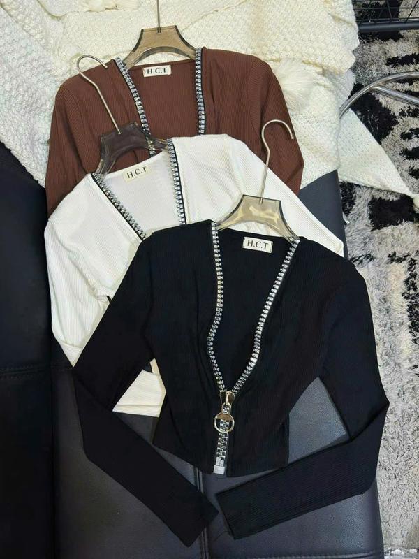 HA012- ÁO THUN GÂN CROPTOP KHOÁ TO KÉO FREESIZE CÁ TÍNH 3 MÀU Nữ Nhung
