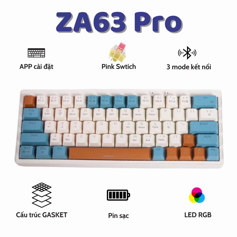 [ Sale sốc ] Bàn Phím Cơ Không Dây Bluetooth ZA63 Pro - Trục cơ Linear Hotswap 5 Pin - Pin sạc - LEG RGB cả phím và body - App cài đặt riêng