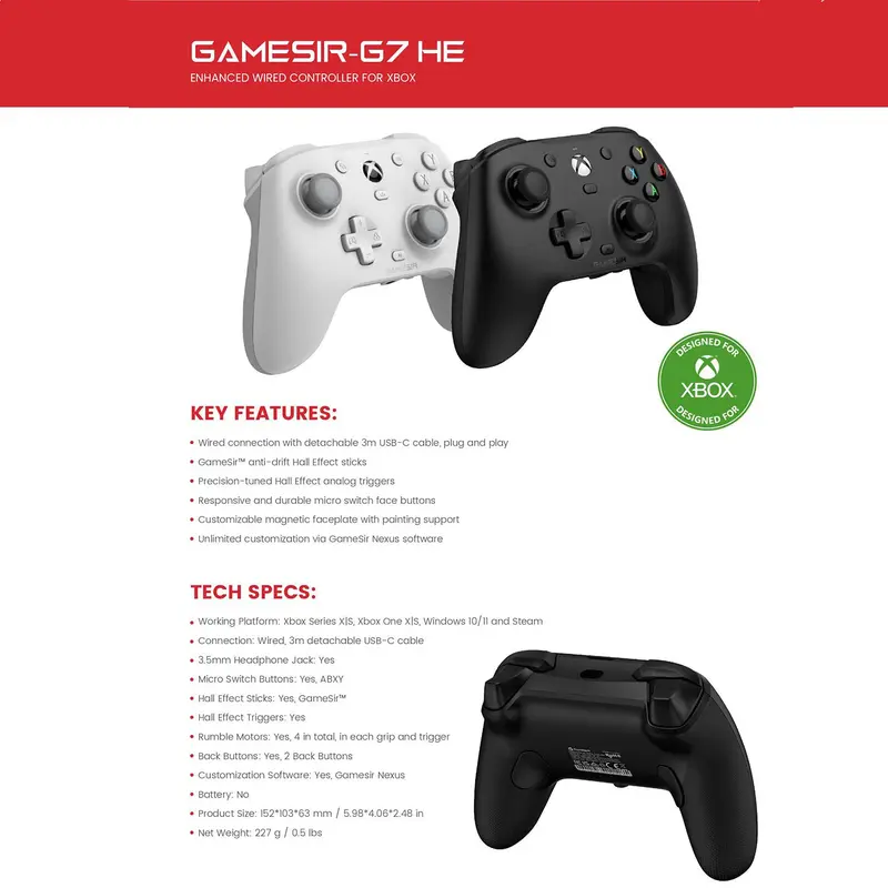 GAMESIR GameSir G7 HE Game Controller, PC Controller with Hall Effect Joysticks for Boys, Wired Gaming Controller for Windows 10/11, Xbox Series X/S, Xbox One 5